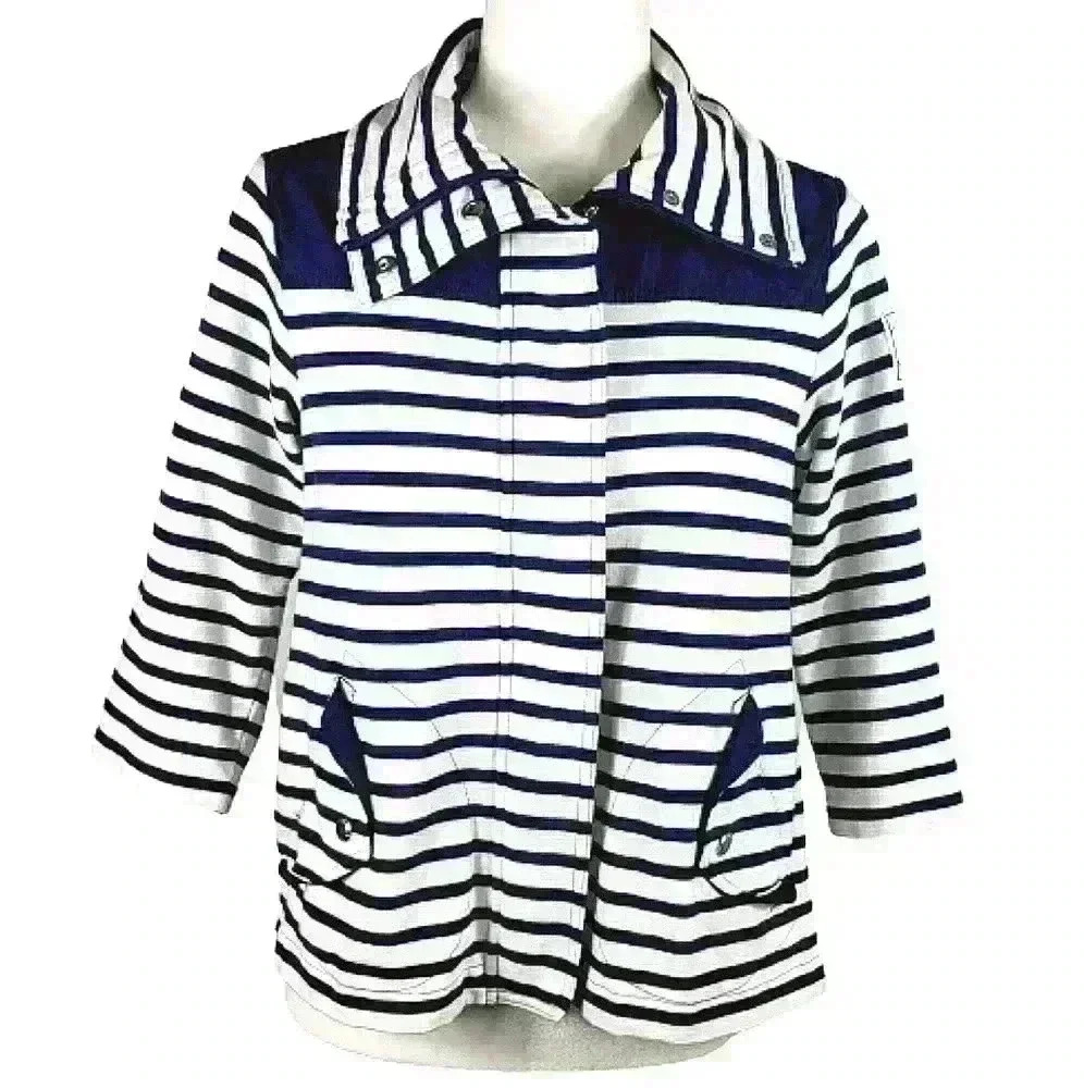 Lauren Ralph Lauren Active Jacket Navy White Stripes 3/4 Sleeves Cotton Size S - Picture 1 of 16